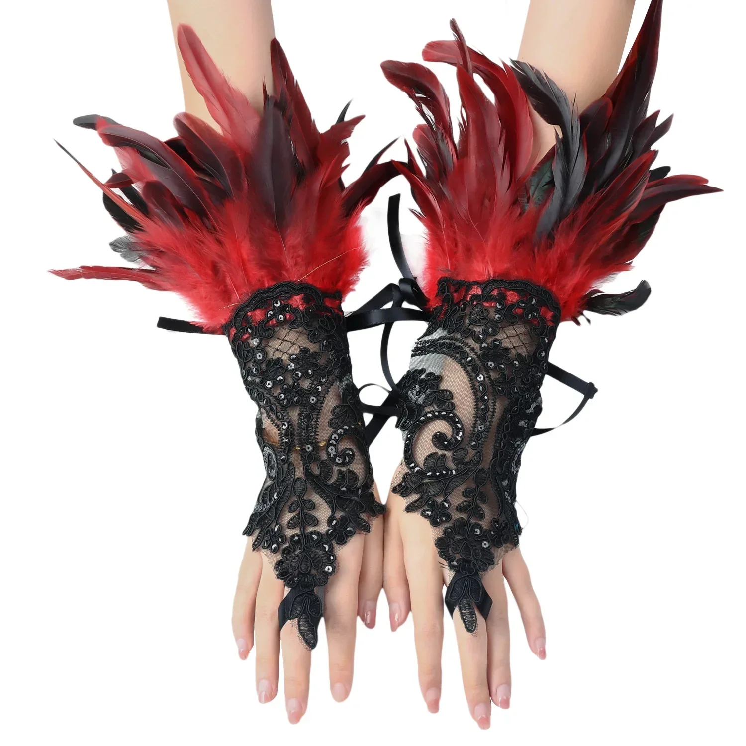 

1 Pair Sexy Lace Faux Feather Long Glove Gothic Mesh Sleeve Halloween Party Embroidery Mitten Female Stage Accessories