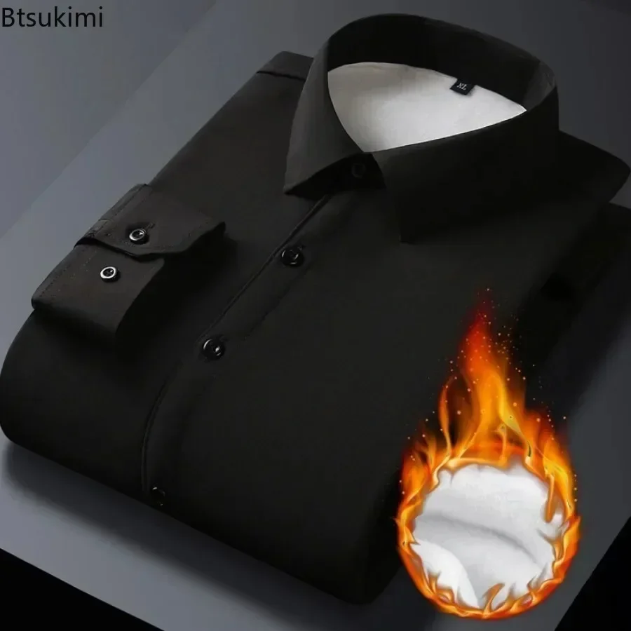

2024 Men's Autumn Winter Long Sleeve Shirts White Warm Fleece Stretch Shirt Formal Business Office Wear Dress Shirts Male M-5XL