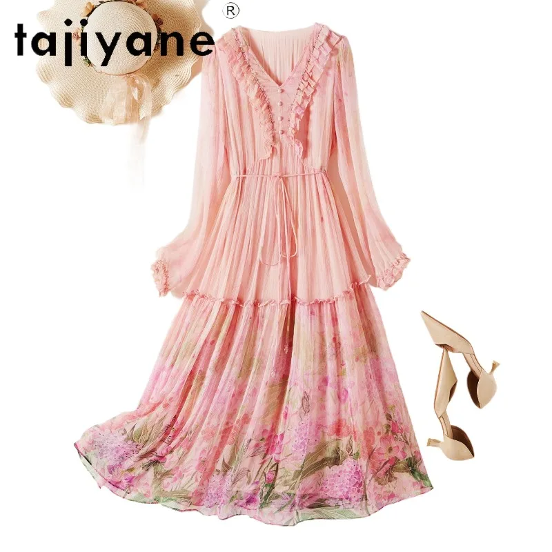 TAJIYANE 100% Mulberry Silk Maxi Dress Woman Gradient Print Large Swing Dresses Woman Summer Dresses for Woman Clothing Vestido