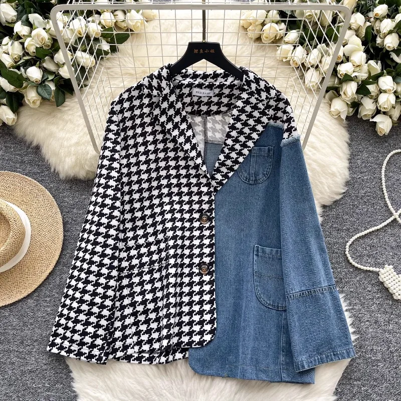 

SuperAen, клетчатая рубашка с длинными рукавами в европейском и американском стиле, женский летний джинсовый костюм с воротником, блейзер