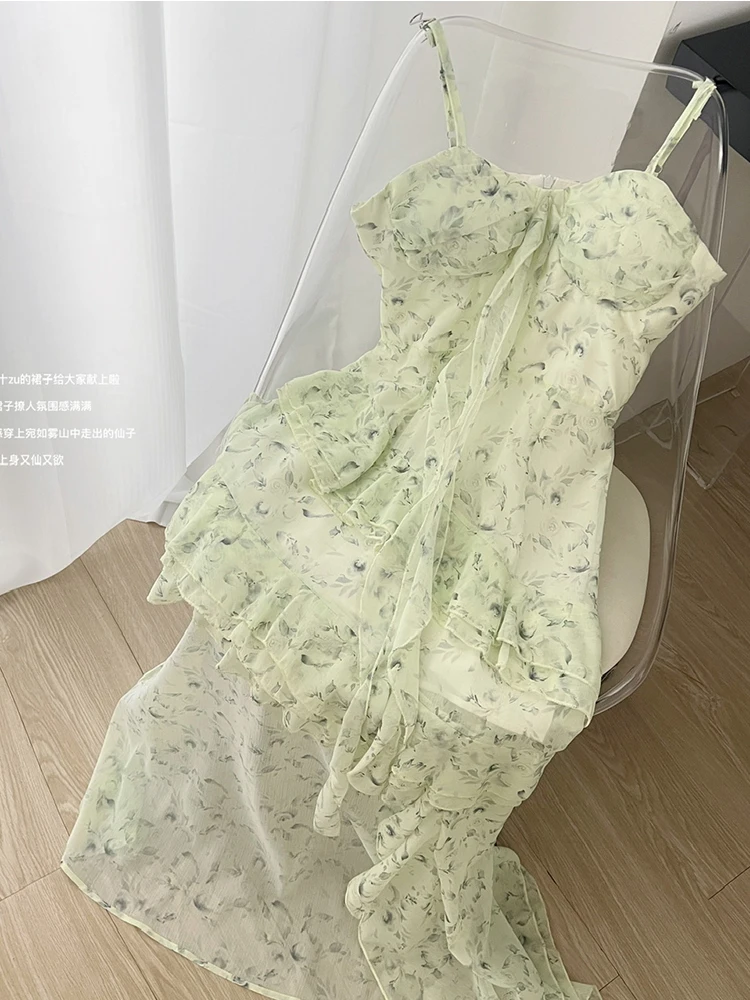 Summer Spaghetti Strap Midi Floral Dress Chiffon Ruffle Women Aesthetic Vintage Cottage Core Frocks Korean Fashion One-Piece New