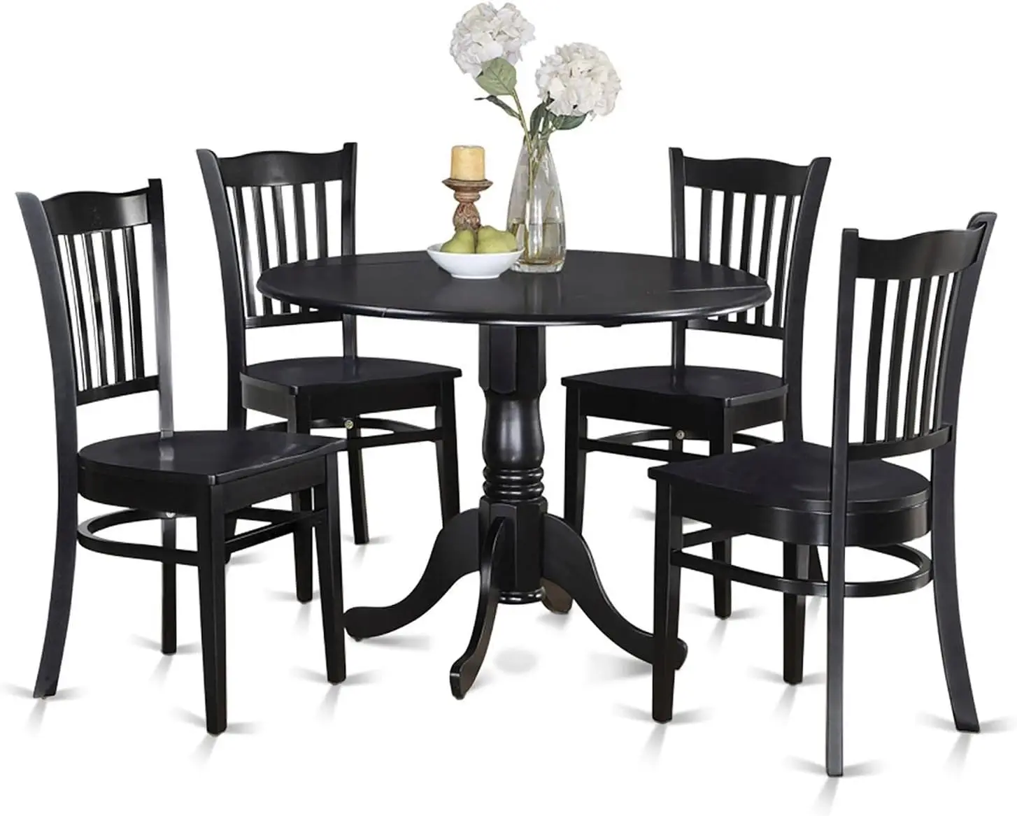 El juego de habitación de 5 piezas incluye una mesa de comedor redonda con hoja caída y 4 sillas con asiento de madera, 42 x 42 pulgadas, negro