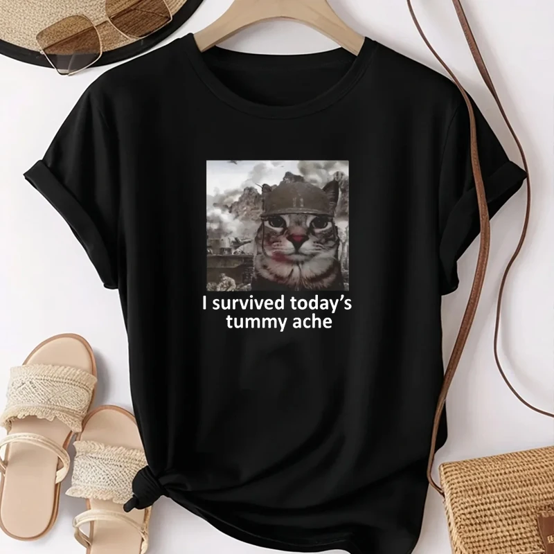 Funny Women Clothing I Survived Today's Tummy Ache TShirt Cat Creative Printed Short Sleeve TShirt Women Casual Streetwear