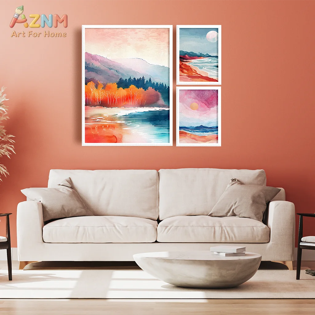 AZNM Unframed Canvas Print Watercolor Sunset Beach Landscape Wall Art Colorful Scenery Living Room Home Decor Poster