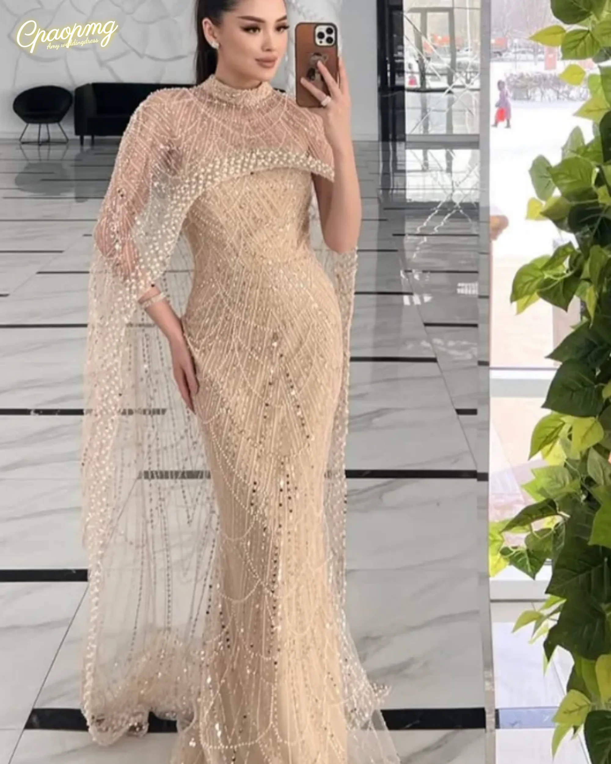 

Customized Champagne Turtleneck Evening Dresses Luxurious Tulle Beaded Shawl Prom Dresses Elegant Wedding Party Dresses