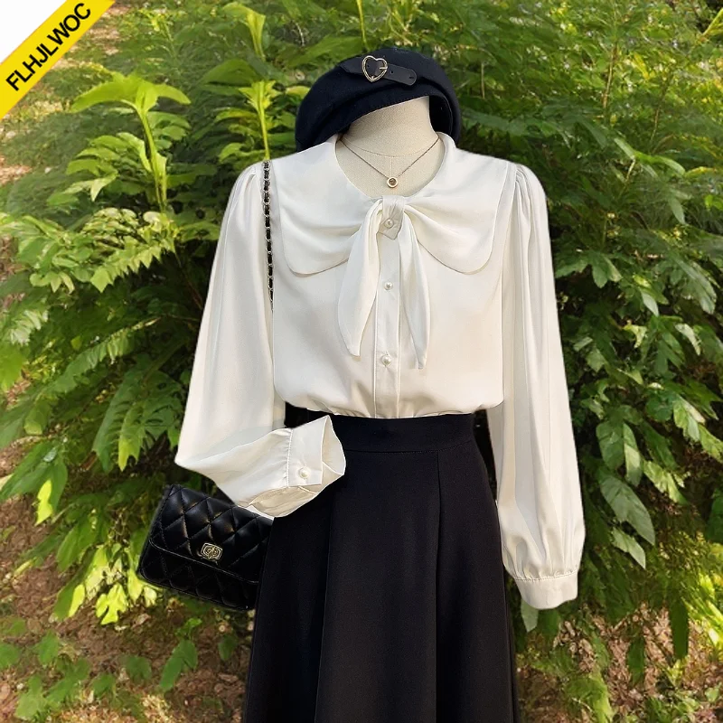 Witte Franse blouse met pofmouwen voor dames Leuke lieve meisjes Lente Zomer Nieuwe matrozenkraag Top Strikje Lace-up witte shirts