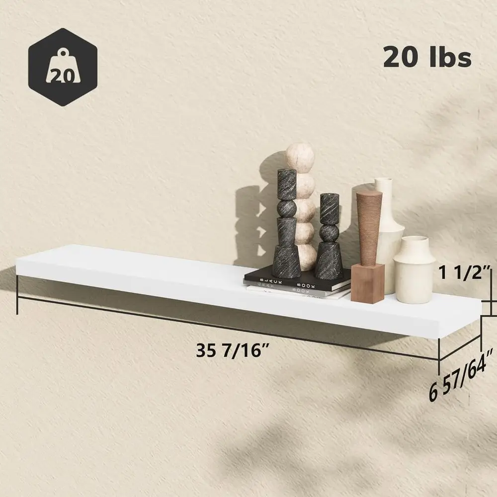 مجموعة من رفوف خشبية عائمة مثبتة على الحائط مقاس 35 وات × 7D باللون الأبيض مع دعامات مخفية لديكور المنزل والتخزين
