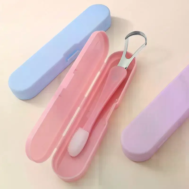 منظف مكشطة اللسان للأطفال البالغين، 2 في 1 فرشاة لسان من السيليكون وكاشطات لسان من الفولاذ المقاوم للصدأ للأسنان منعشة #3