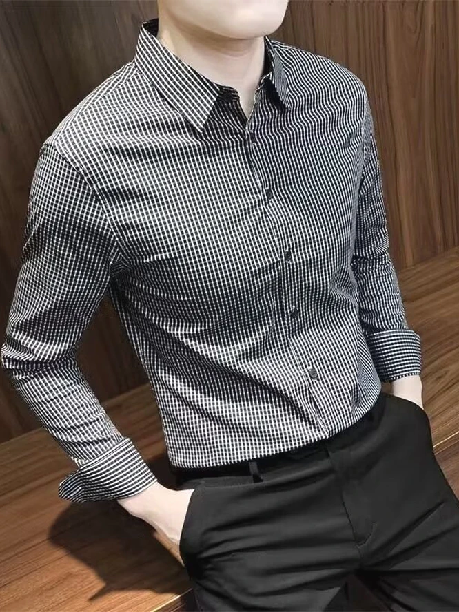 

Мужская повседневная рубашка в клетку с длинным рукавом, модная, на пуговицах, приталенная, молодежная, на все сезоны