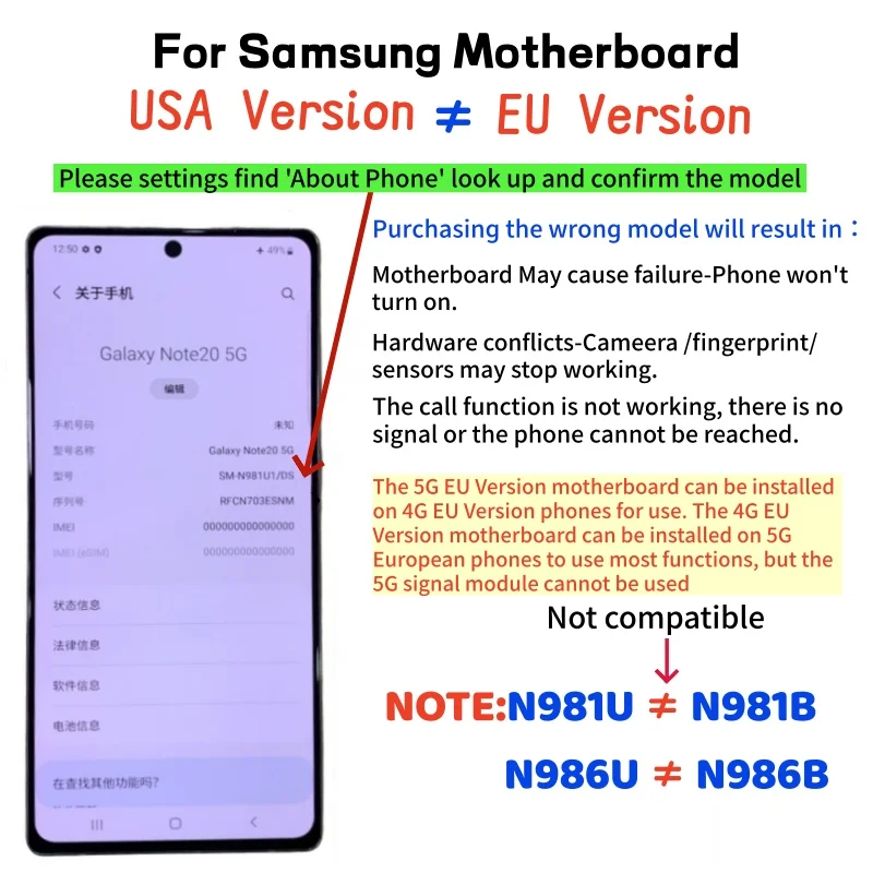 EU/US Version Unlocked For Samsung Galaxy Note 20 Ultra N985F/DS N986U N986B Note20 N980F N981 Motherboard Full Chip Logic Board