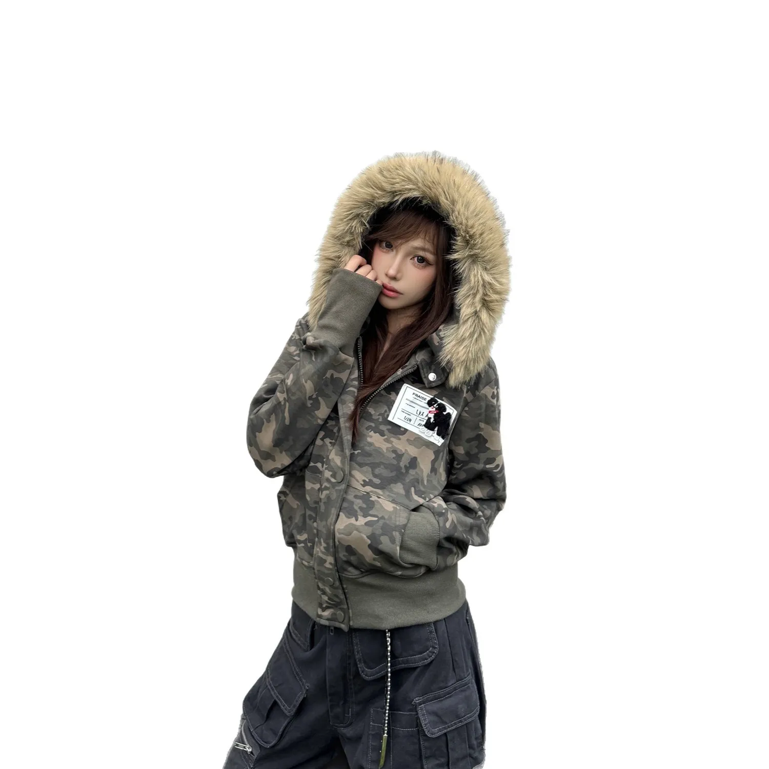 Odnímatelný kožešinový límec s kapucí, americká maskovací dámská krátká bunda, podzimní a zimní pouliční styl, pikantní dívčí móda... - náhled 5