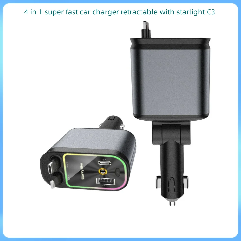 

4 in 1 super fast car charger retractable with starlight C3 for phone notebook