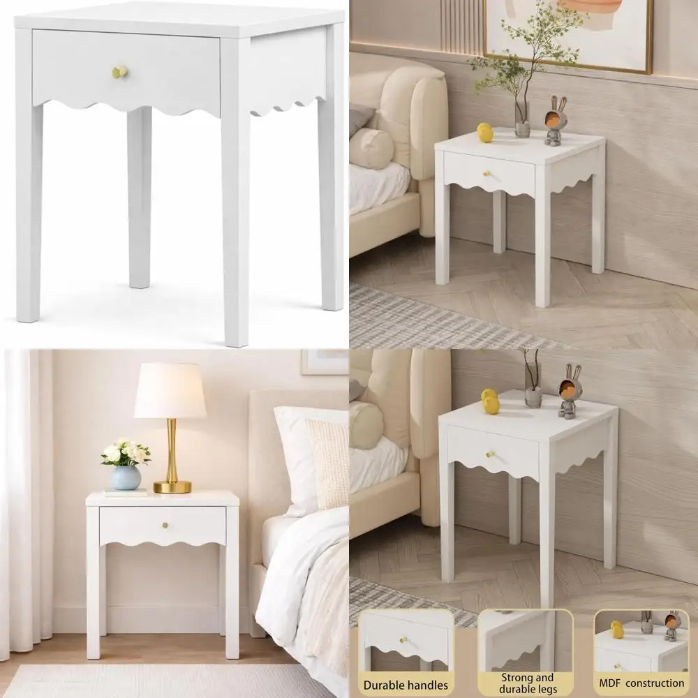 

Изящная белая прикроватная тумбочка с фигурным краем для девичьей спальни, с открытыми полками, подходит для общежитий и декора в стиле преппи