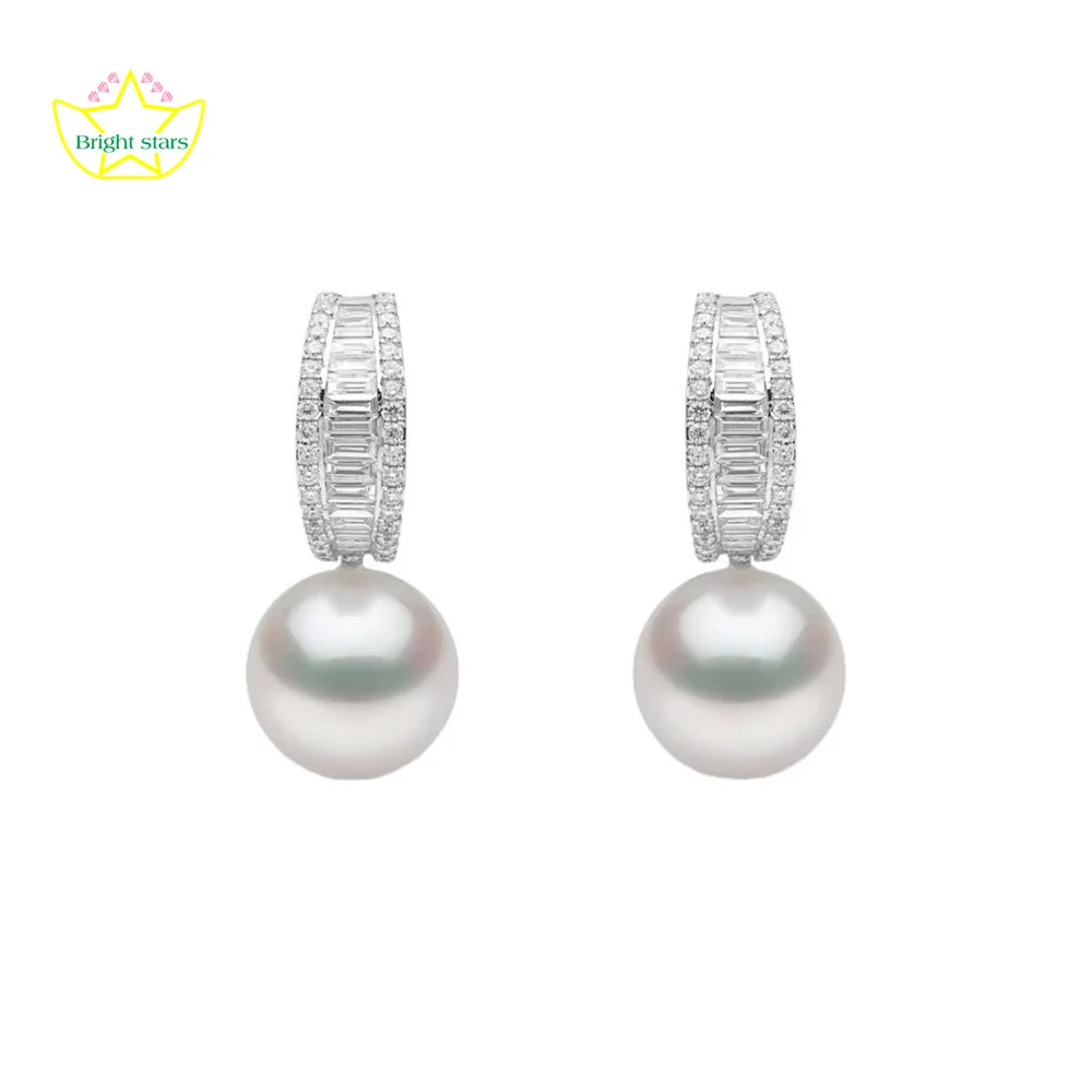 

Bright Stars S925 pure silver luxurious stepped diamond double-row diamond pearl earrings