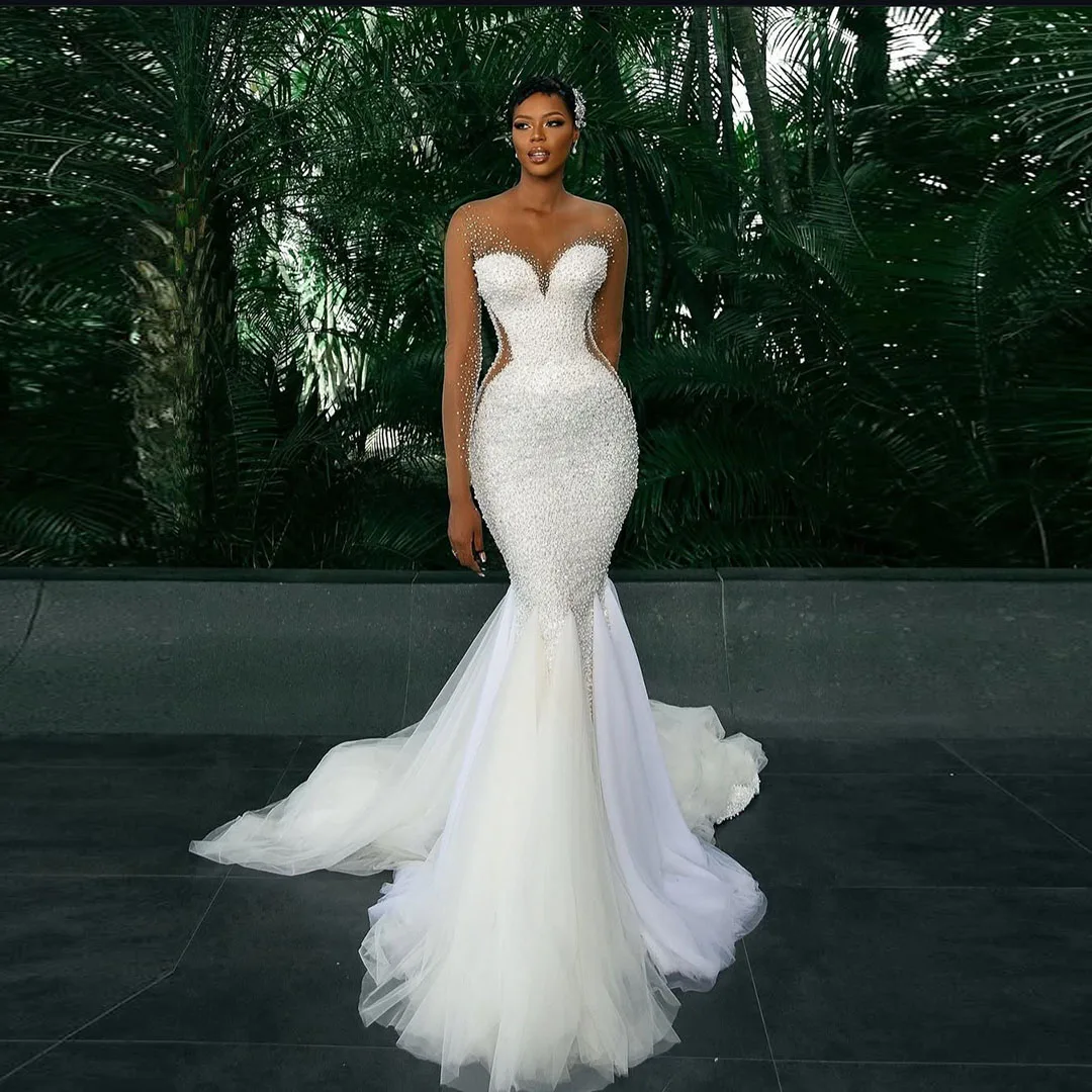 

Luxury Beading Mermaid Wedding Gowns Aso Ebi Sheer Mesh Long Sleeve Bride Dresses Africa Women Black Girls Bridal Dress Customiz