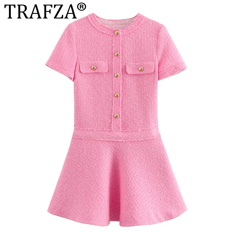 TRAFZA Elegant Ladies Style Spring Beige Texture Mini Dresses Girls Fashion Gold Buttons Short Sleeve Streetwear Style Dress