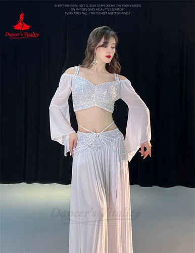 Imagen 2 del producto Conjunto de traje de danza del vientre para mujer, Top de manga larga de malla + falda larga de gasa, conjunto de entrenamiento de 2 uds, ropa de danza del vientre Oriental