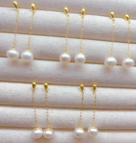 

18k gold drop earrings 6-7mm fresh water pearl earring karat waterdrop earring 4.5cm long