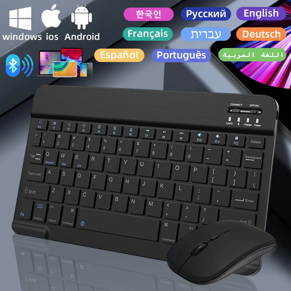 

Мини-бесшумная беспроводная Bluetooth-клавиатура для IOS Android Windows, корейская, испанская, русская, арабская клавиатура и мышь, клавиатура для Ipad