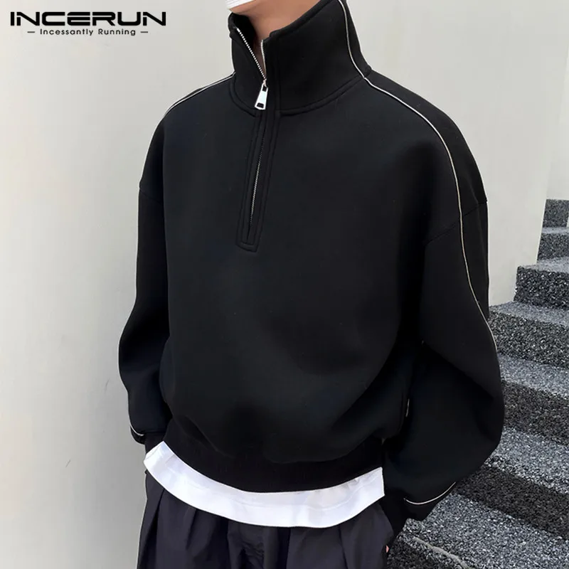 INCERUN Tops 2023 Korean Style New Mens Casual Zipper Half High Neck Design Sweater Fashion Street Solid All-match Sweater S-5XL