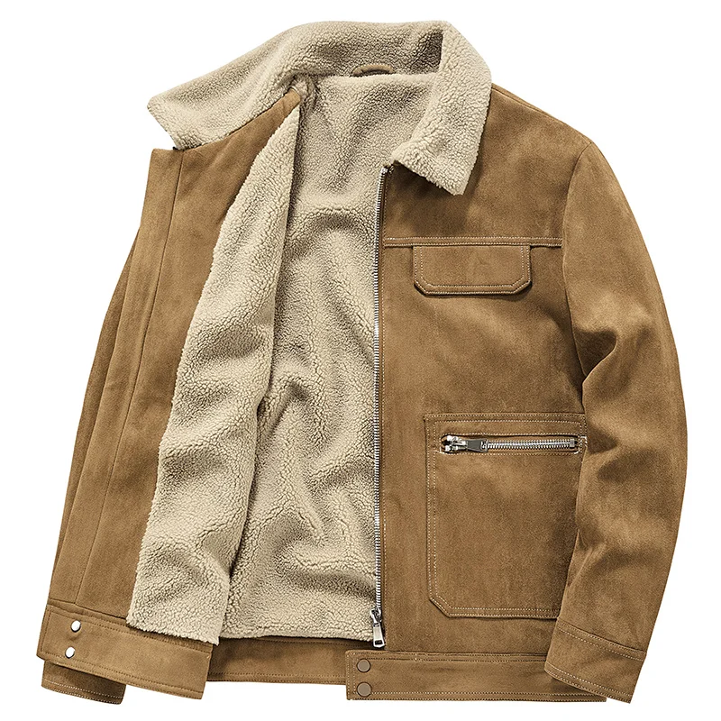 سترة رجالية عصرية من جلد الغزال مع بطانة من الصوف معطف عالي المرونة ومضاد للتجاعيد سترة شتوية بقصة ضيقة