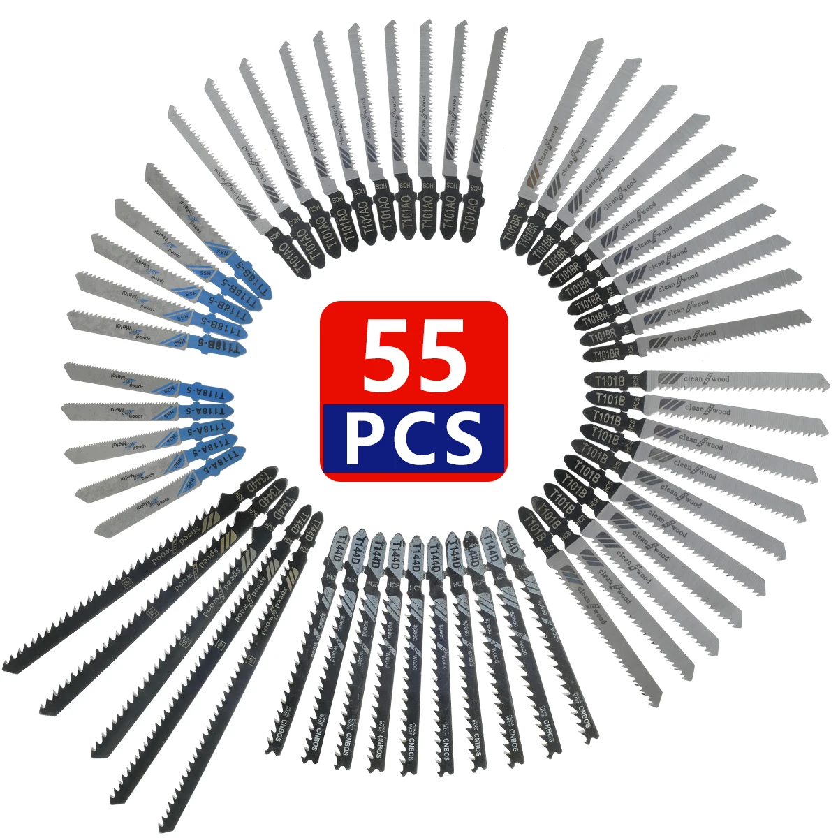 55Pcs Jig Saw Blade Set HCS Assorted Saw Blades with T-shank Sharp Fast Cut Down Jigsaw Blades Woodworking Blades Hand Tool