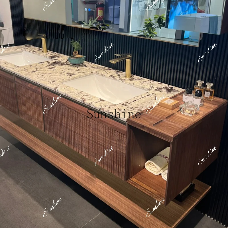 

Light luxury oak bathroom cabinet combination marble seamless basin toilet wash basin cabinet customization FT