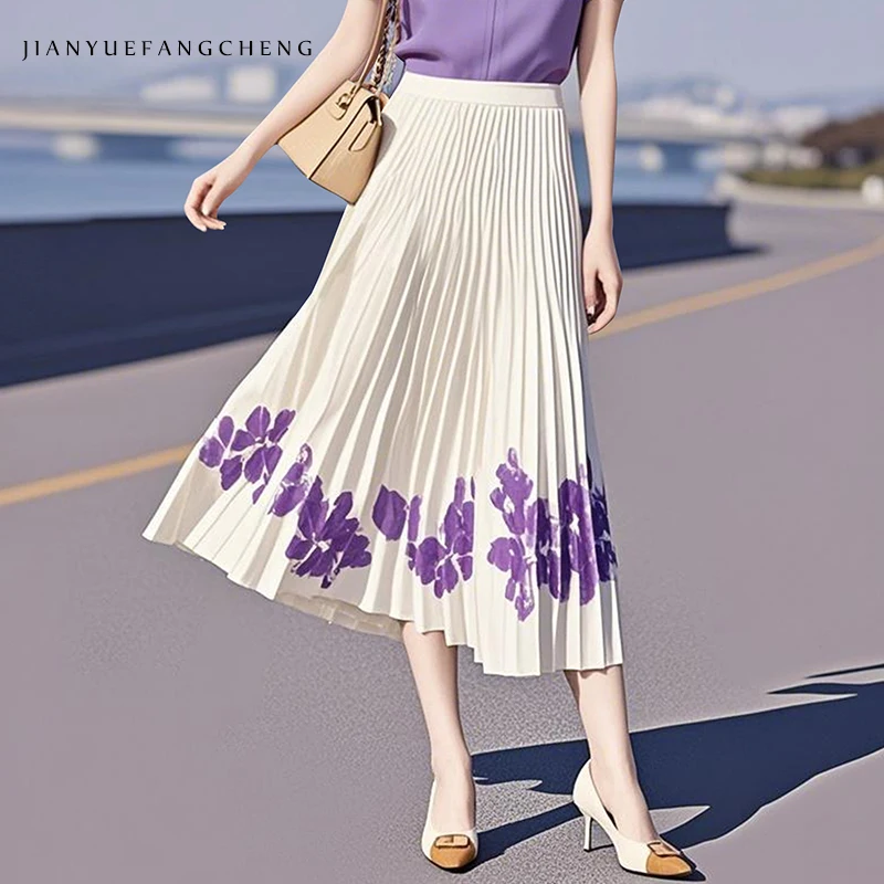 

Pleated White Long Skirt Women' Summer New Elastic waist A-line Flowers Printed Casual Beach Skirts