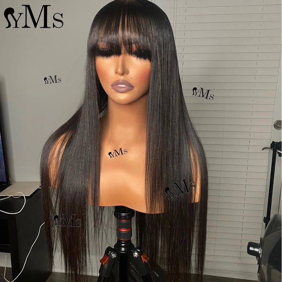 Raw Vietnamese Straight Human Hair Wigs With Bangs YMS Hair 250% Density 5x5 4x4 Lace Closure Front Human Hair Wig For Women