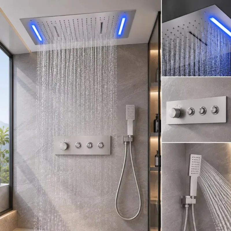 Ceiling Embedded 600*400mm  Led Shower Head With Digital Display Rain Waterfall Bathroom Thermostatic Shower Faucet Set