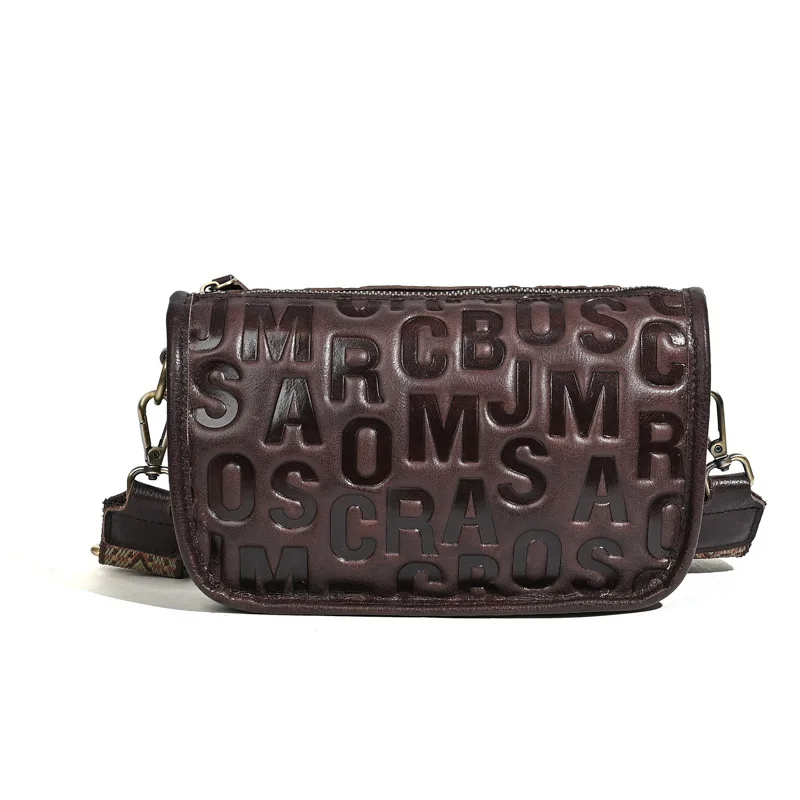 

Retro Embossed Leather Genuine Cowhide Crossbody Bag Letter Pattern Distressed Patina Adjustable Strap Casual Daily Shoulder Bag