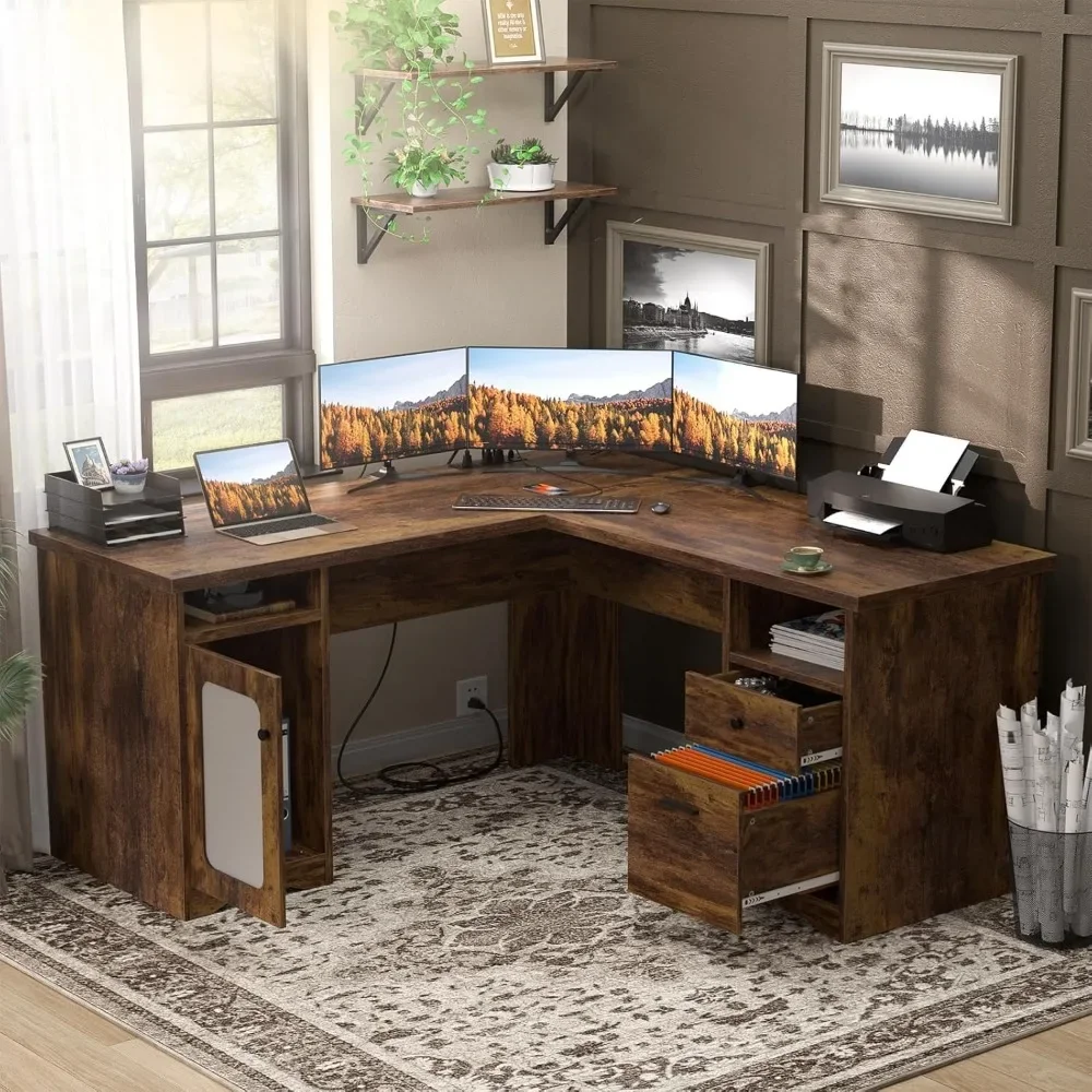 L Shaped Office Desk With Drawers, 60 Inch Corner Desk With Power Outlet And USB Charging Port, Large Computer Desk With File CM