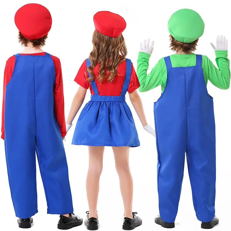 Children Boys Girls Game Movie Anime Cartoon Plumber Jumpsuit Top T-shirt Dress Hat Gloves Set Halloween Cosplay Costumes Outfit