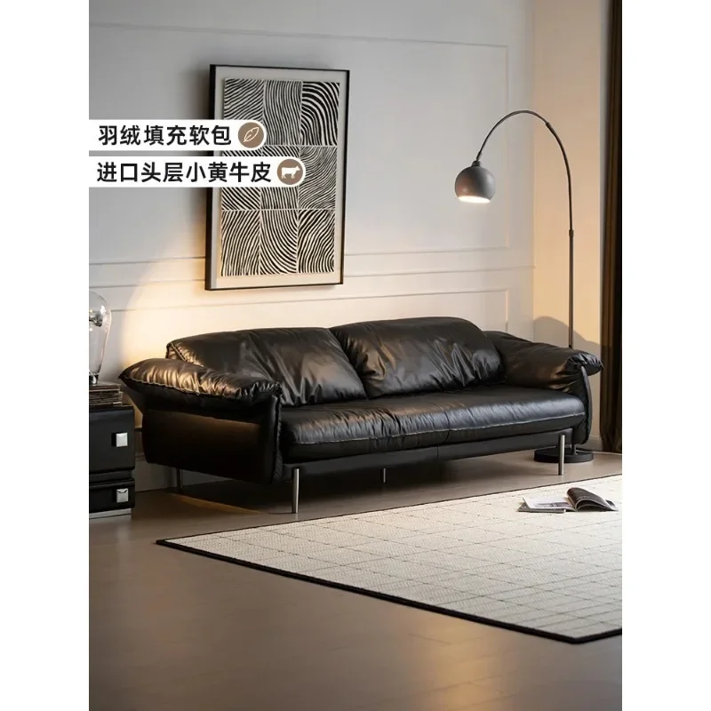 

Medieval leather sofa living room simple black straight row sofa first layer cowhide retro light luxury leather sofa