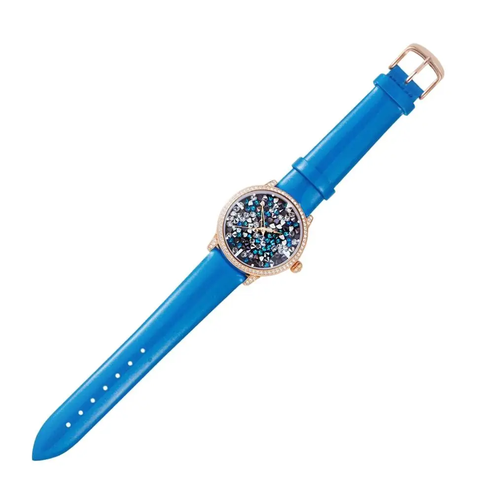 Princess Butterfly Luxury Watch for Women Sparkling Rose Gold Crystal Dial Blue Strap Fashion Quartz Designer Ladies Watch