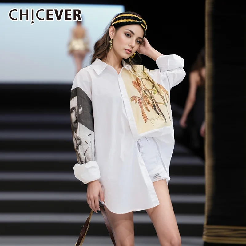

CHICEVER Summer Print Shirts For Women Lapel Long Sleeve Single Button Hit Color Casual Loose Blouse Female Fashion New Popular