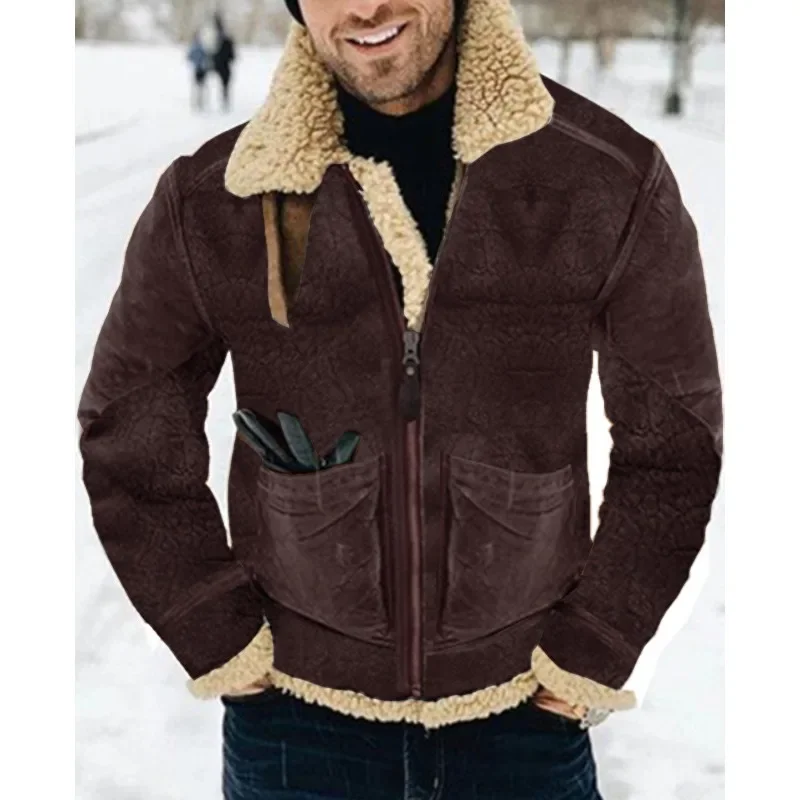 Men\'s Pocket Plush Warm Coat Autumn Winter New Leather and Fur Coat Men\'s Fashion Long Sleeve Zipper Turn-down Collar Coat