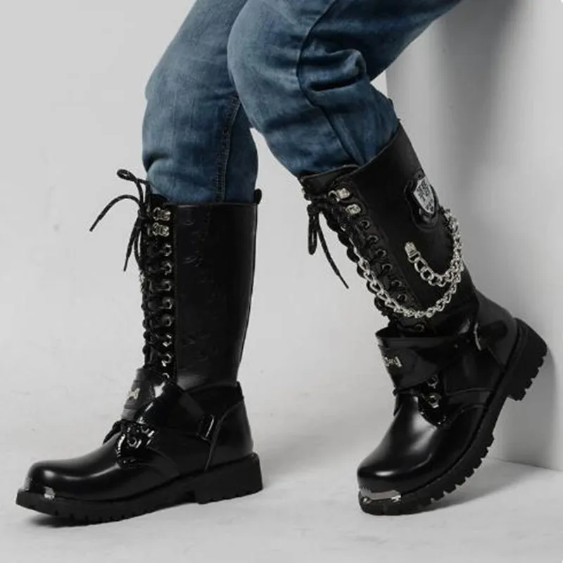 Luxury Men Motorcycle Boots Mid-calf Breathable Combat Boots Gothic Belt Punk Botas Hombre Shoes Hightop Casual Steel Toe Shoes
