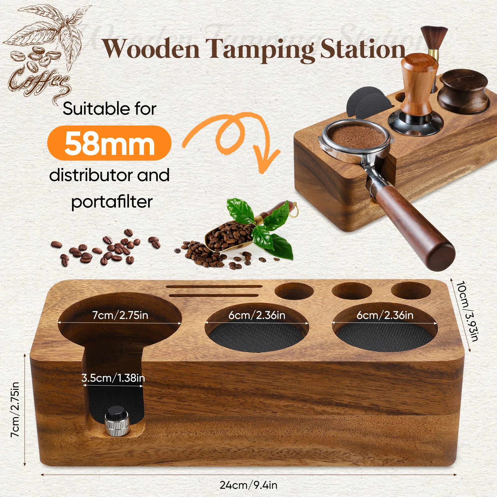 Estación de Prensado de Café Espresso, con Cojín de Silicona y Altura Ajustable, Organizador de Café de Madera para 51-58mm