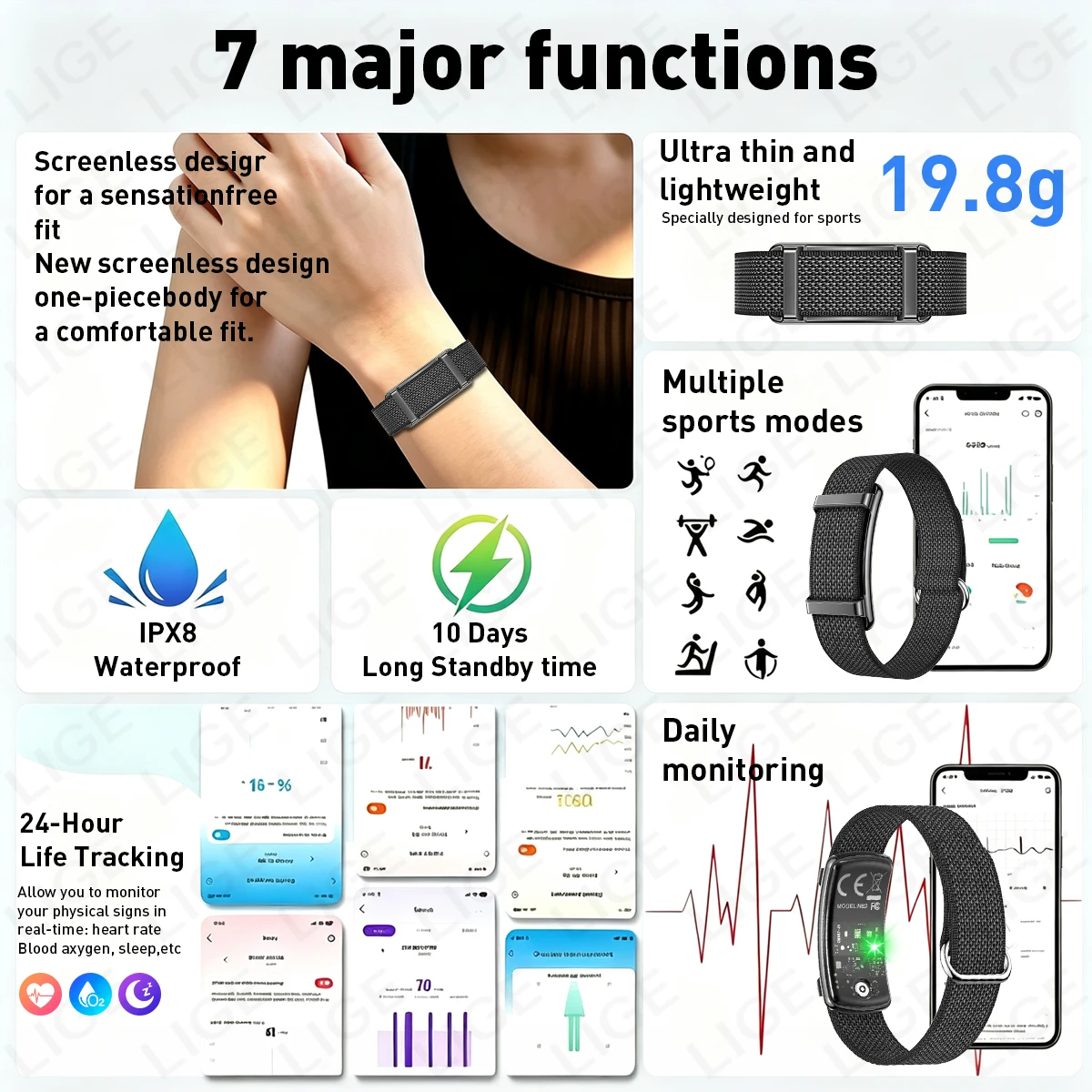LIGE Ultra-thin Sports Smart Watch Men Women Heart Rate Blood Oxygen Monitor No Screen Smart Wristband Fitness Tracker Bracelet