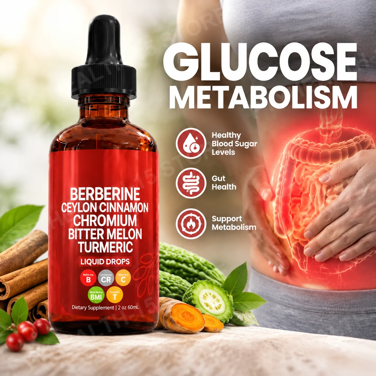 Berberine Liquid Drops for Glucose Metabolism and Gut Health with Ceylon Cinnamon Chromium Bitter Melon Turmeric Extract 60ml