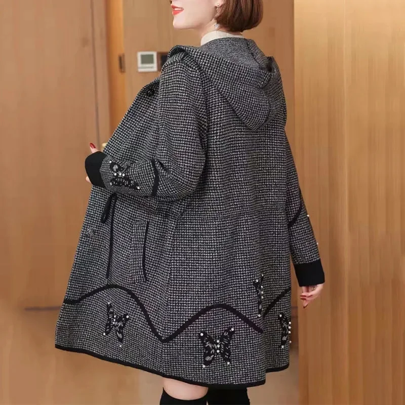 Spring Autumn Long Hooded Jacket Women 2024 New Coat High Quality Casual Outerwear Loose Large Size Knitted Cardigan Ladies Tops