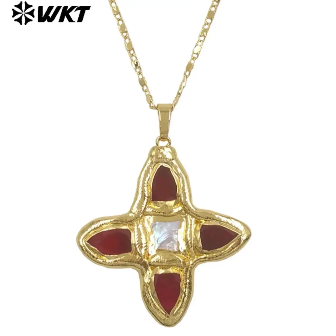 

Кулон в классическом винтажном стиле WT-JN314 в форме креста с бирюзой и жемчугом, позолоченный 18-каратным золотом, цепочка для свитера длиной 18 дюймов.