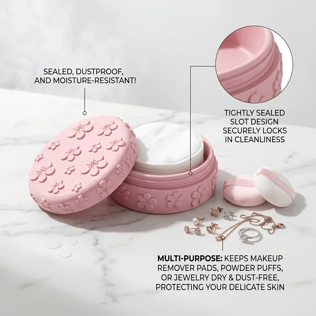 1-teilige Aufbewahrungsbox für Make-up-Watte mit Kirschblütenprägung, 3D-gedruckte staubdichte Kosmetik-Aufbewahrungsdose mit Deckel, ästhetisch ansprechend, mädchenhafte Make-up-Box aus Kunstharz, tolles Weihnachtsges – Detail 6