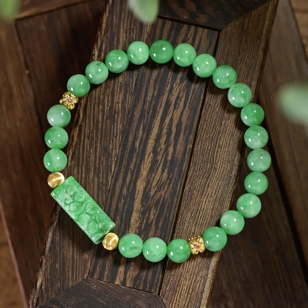 Natural Grade A Jadeite Carved Tube Charm Bracelet, Floating Flower Round Beads, Full 18K Gold Chinese Beaded Bracelet
