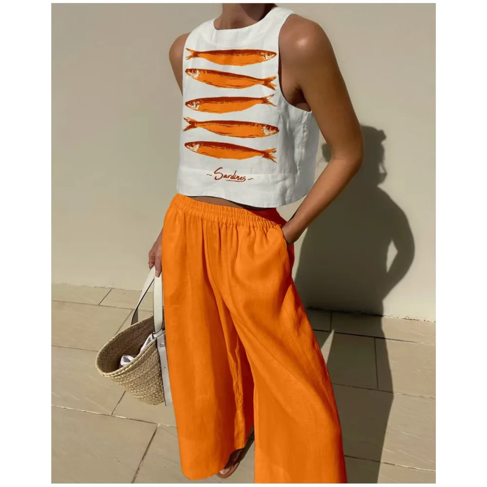 

Bohemian Casual Vest And Long Pants Vacation Set Fashion Salmon Print Top Loose Wide-leg Long Pants For Women 2-piece Set 2025