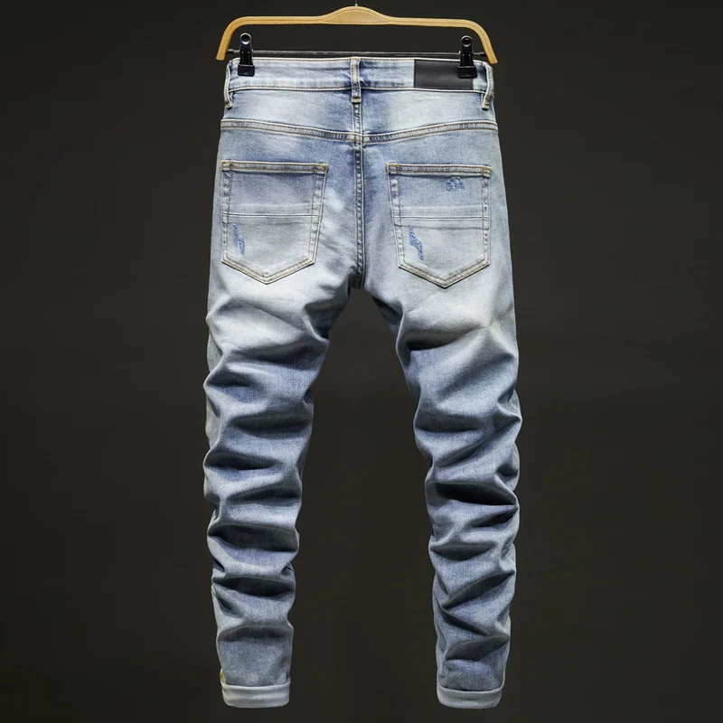 Men Bleached Light‑Blue Whisker Wash Subtle Scratched Abrasion Stretch Skinny Denim Jeans Hip‑Hop Streetwear Denim Jeans