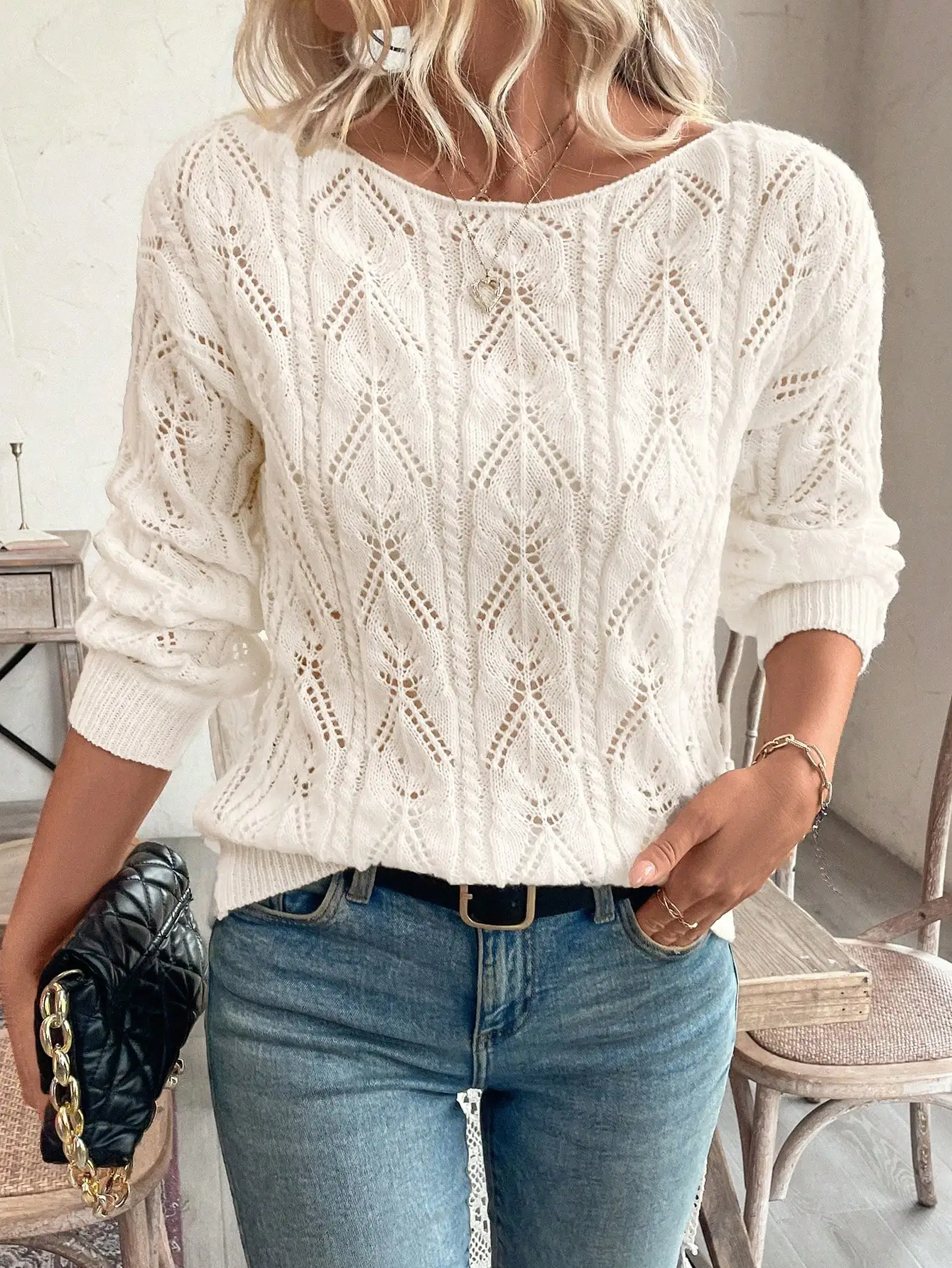 

Кремовый ажурный свитер с ромбовидным узором, свободный крой, длинный рукав, для повседневной носки осенью и зимой