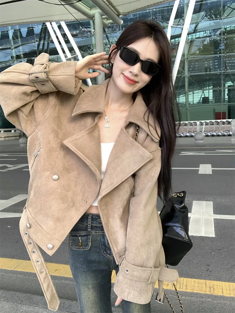 

Miiiix Western Style High-end Loose Collar Jacket 2023 Autumn New Fashionable Casual Khaki Motorcycle Jacket Female Clothing