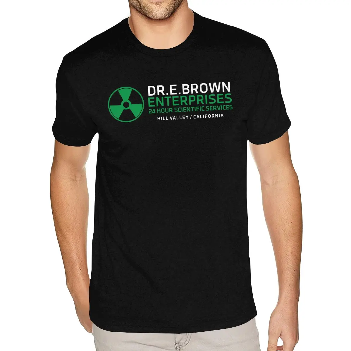 الدكتور Emmett Doc Brown Enterprises العودة إلى المستقبل تي شيرت الرجال أعلى جودة قصيرة الأكمام كامل القطن الأسود طاقم الرقبة تي شيرت